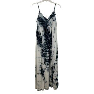 Forever 21 Navy Blue & White Tie-Dyed Lined Maxi Dress Womens Size M Crochet Top